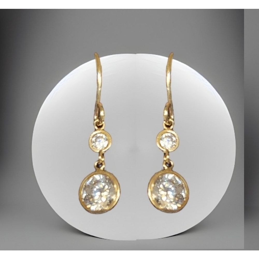 14k Solid Yellow Gold Dangle Double Drop Zirconia… - image 3